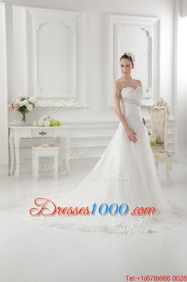 White A-line Sweetheart Sleeveless Tulle Sweep Train Clasp Handle Lace and Appliques Wedding Dresses