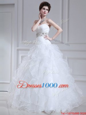 Organza Sweetheart Sleeveless Lace Up Beading and Ruffles Wedding Gowns in White