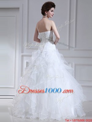 Organza Sweetheart Sleeveless Lace Up Beading and Ruffles Wedding Gowns in White
