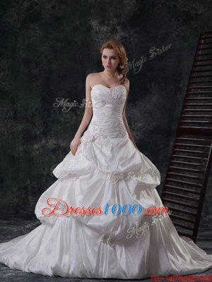 With Train White Wedding Gowns Taffeta Brush Train Sleeveless Beading and Appliques and Pick Ups