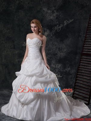 With Train White Wedding Gowns Taffeta Brush Train Sleeveless Beading and Appliques and Pick Ups