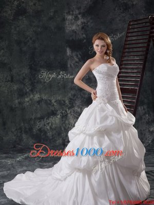 With Train White Wedding Gowns Taffeta Brush Train Sleeveless Beading and Appliques and Pick Ups