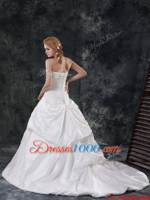 With Train White Wedding Gowns Taffeta Brush Train Sleeveless Beading and Appliques and Pick Ups