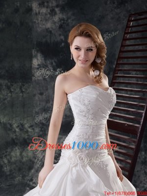 With Train White Wedding Gowns Taffeta Brush Train Sleeveless Beading and Appliques and Pick Ups