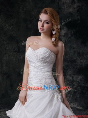 With Train White Wedding Gowns Taffeta Brush Train Sleeveless Beading and Appliques and Pick Ups