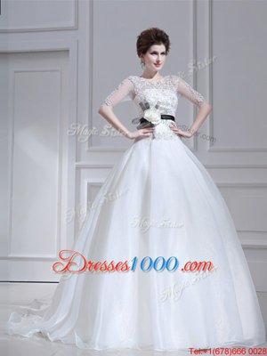 With Train White Wedding Gowns Scoop Half Sleeves Brush Train Zipper