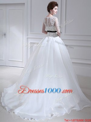 With Train White Wedding Gowns Scoop Half Sleeves Brush Train Zipper