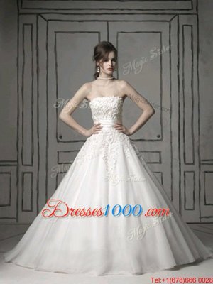 Gorgeous White Strapless Zipper Appliques Wedding Dresses Brush Train Sleeveless