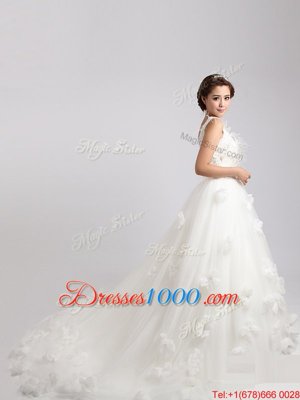 Top Selling Scoop Appliques and Hand Made Flower Wedding Gown White Zipper Sleeveless Sweep Train