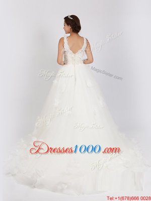 Top Selling Scoop Appliques and Hand Made Flower Wedding Gown White Zipper Sleeveless Sweep Train