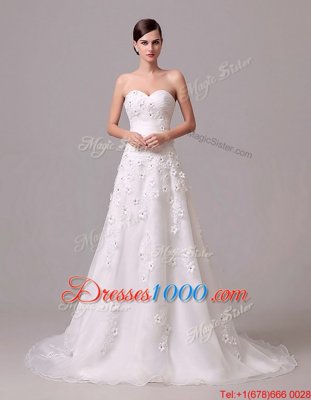 Unique With Train White Wedding Dress Sweetheart Sleeveless Brush Train Lace Up