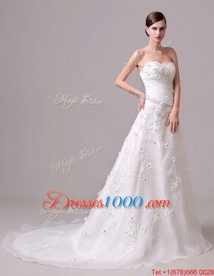 Unique With Train White Wedding Dress Sweetheart Sleeveless Brush Train Lace Up