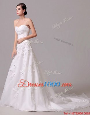 Unique With Train White Wedding Dress Sweetheart Sleeveless Brush Train Lace Up