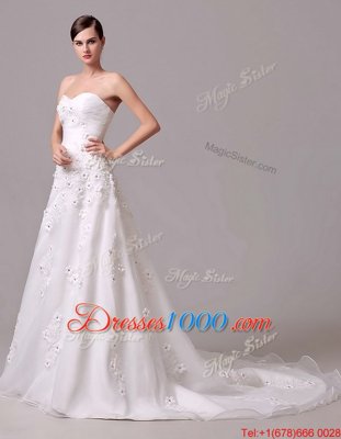 Unique With Train White Wedding Dress Sweetheart Sleeveless Brush Train Lace Up