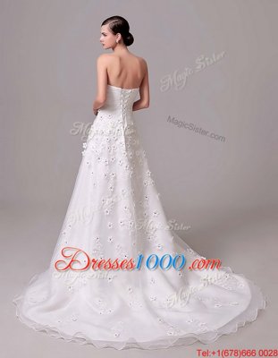 Unique With Train White Wedding Dress Sweetheart Sleeveless Brush Train Lace Up