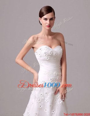 Unique With Train White Wedding Dress Sweetheart Sleeveless Brush Train Lace Up