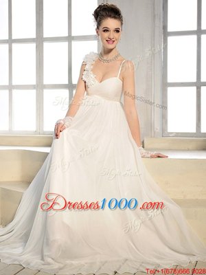 Smart Sleeveless Lace Up Floor Length Ruching and Hand Made Flower Bridal Gown