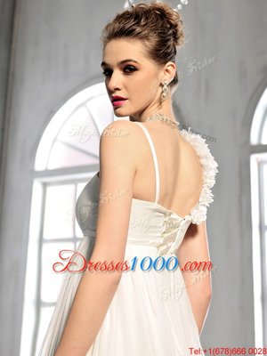 Smart Sleeveless Lace Up Floor Length Ruching and Hand Made Flower Bridal Gown