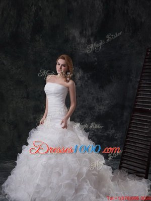 New Arrival Ruffles and Ruching Wedding Dress White Lace Up Sleeveless Brush Train