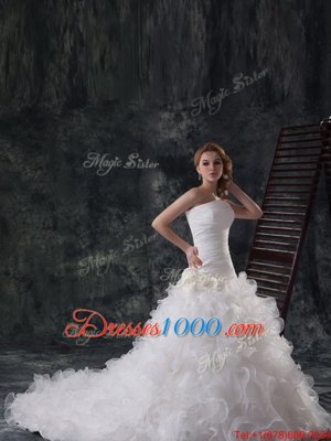 New Arrival Ruffles and Ruching Wedding Dress White Lace Up Sleeveless Brush Train