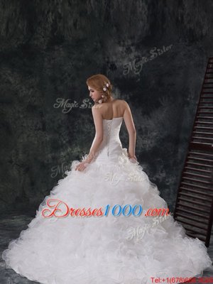 New Arrival Ruffles and Ruching Wedding Dress White Lace Up Sleeveless Brush Train