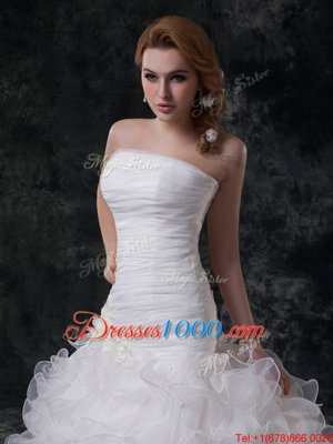 New Arrival Ruffles and Ruching Wedding Dress White Lace Up Sleeveless Brush Train