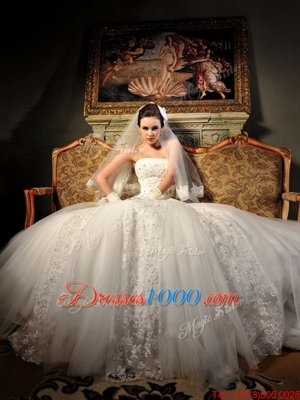 Sleeveless With Train Beading and Lace Lace Up Bridal Gown with White