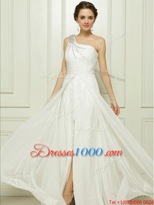 Excellent One Shoulder White Wedding Dress Chiffon Brush Train Sleeveless Beading
