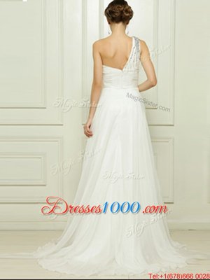 Excellent One Shoulder White Wedding Dress Chiffon Brush Train Sleeveless Beading