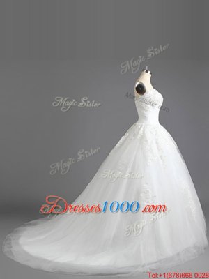 Pretty Sleeveless Court Train Lace Up With Train Beading and Appliques Wedding Dress