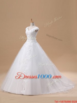 V-neck Short Sleeves Wedding Dress With Brush Train Beading and Appliques White Tulle