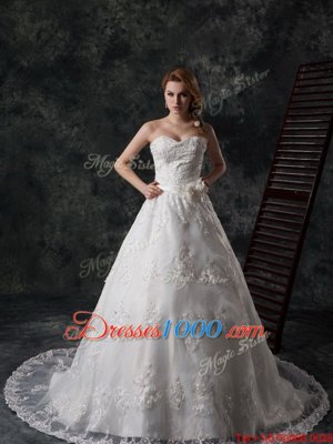 Custom Design White A-line Beading and Appliques and Hand Made Flower Wedding Dress Lace Up Lace Sleeveless