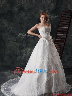 Custom Design White A-line Beading and Appliques and Hand Made Flower Wedding Dress Lace Up Lace Sleeveless