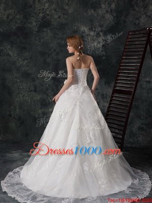 Custom Design White A-line Beading and Appliques and Hand Made Flower Wedding Dress Lace Up Lace Sleeveless