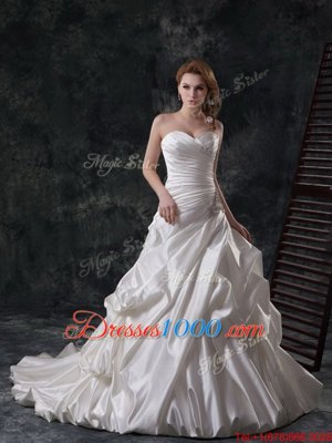Latest Beading and Appliques and Ruching and Pick Ups Wedding Dresses White Lace Up Sleeveless Court Train