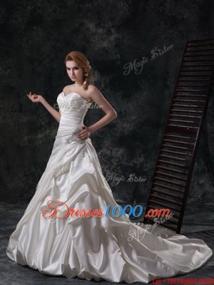 Latest Beading and Appliques and Ruching and Pick Ups Wedding Dresses White Lace Up Sleeveless Court Train