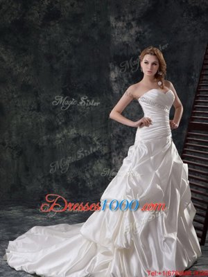 Latest Beading and Appliques and Ruching and Pick Ups Wedding Dresses White Lace Up Sleeveless Court Train