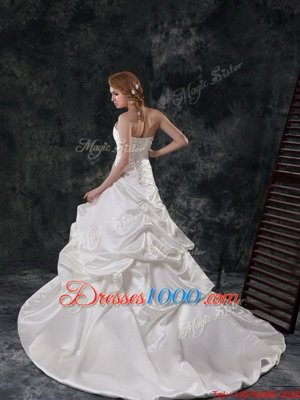 Latest Beading and Appliques and Ruching and Pick Ups Wedding Dresses White Lace Up Sleeveless Court Train