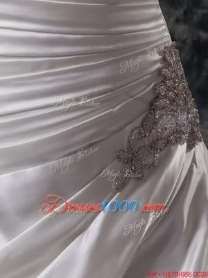 Latest Beading and Appliques and Ruching and Pick Ups Wedding Dresses White Lace Up Sleeveless Court Train