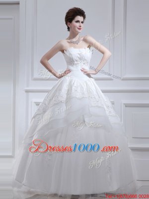 Exceptional White A-line Strapless Sleeveless Organza and Taffeta Floor Length Lace Up Beading and Appliques and Ruffled Layers Wedding Dress