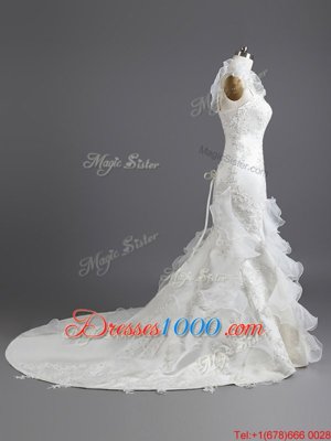 Mermaid White Sleeveless Chapel Train Beading and Appliques and Ruffles With Train Wedding Dresses