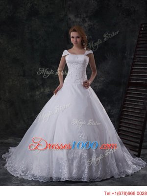 White Organza Lace Up Off The Shoulder Cap Sleeves With Train Wedding Gown Brush Train Beading and Lace and Embroidery