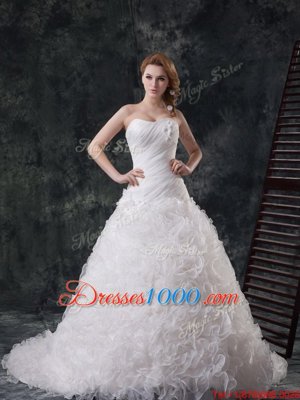 Beautiful Sleeveless Court Train Lace Up With Train Beading and Ruching and Hand Made Flower Wedding Gowns