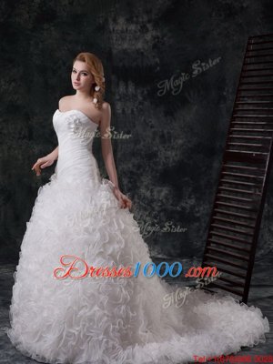 Beautiful Sleeveless Court Train Lace Up With Train Beading and Ruching and Hand Made Flower Wedding Gowns