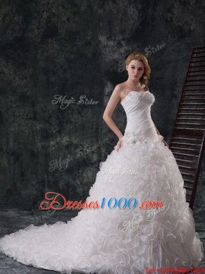 Beautiful Sleeveless Court Train Lace Up With Train Beading and Ruching and Hand Made Flower Wedding Gowns