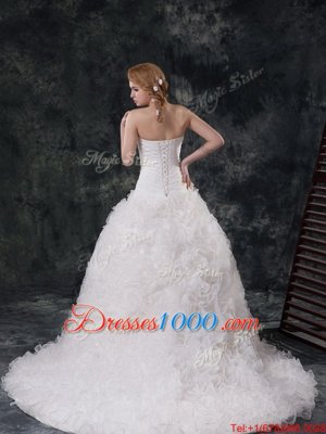 Beautiful Sleeveless Court Train Lace Up With Train Beading and Ruching and Hand Made Flower Wedding Gowns