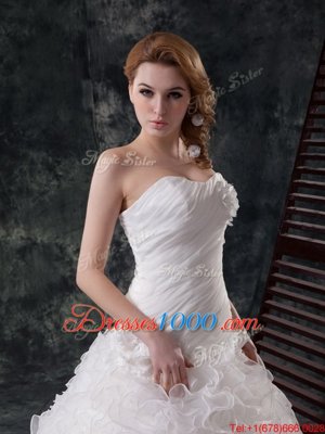 Beautiful Sleeveless Court Train Lace Up With Train Beading and Ruching and Hand Made Flower Wedding Gowns