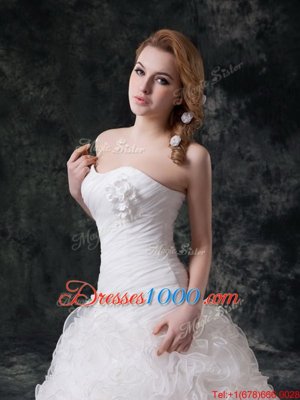 Beautiful Sleeveless Court Train Lace Up With Train Beading and Ruching and Hand Made Flower Wedding Gowns