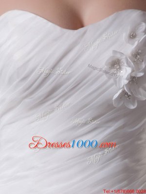 Beautiful Sleeveless Court Train Lace Up With Train Beading and Ruching and Hand Made Flower Wedding Gowns