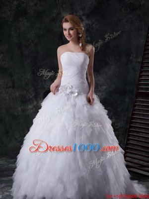 Strapless Sleeveless Tulle Wedding Gowns Beading and Ruffles and Ruching and Hand Made Flower Brush Train Lace Up